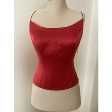 Elena Şık Kırmızı Oval Yaka Saten Korse Büstiyer-Hazır Beden  Nişanlık