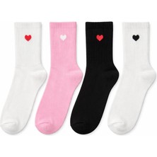 Solde 4 Çift Kadın Pamuklu Günlük Çorap – Kalpli Desen, Renkli Kombin, Kaliteli