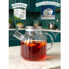 Feyza Design Şık Çizgili Cam Demlik, 1500 Ml, Metal Kapaklı, Borosilikat Çay ve Bitki Çayı
