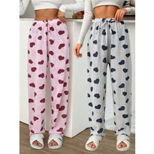 2'li Kadın Kalp Desenli Çizgili Pijama Altı