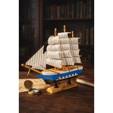 Home Dekor Hediye Dekoratif Premium Ahşap El Yapımı Yelkenli Gemi Maketi Ev Ofis Masa Üstü Biblo 24 x 24 cm Mavi 529-C