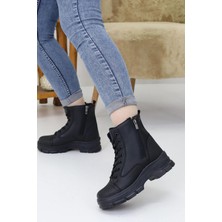 Emax Kadın Bağcıklı Çift Fermuarlı Kalın Taban Postal Bot Siyah Su Geçirmez 512 Rahat Yürüyüş