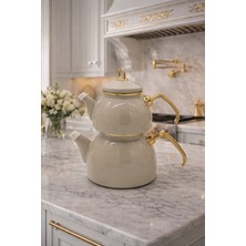 Feyza Design Emaye Çaydanlık Takımı, Gold Detaylı, 1,1 L Demlik + 2,3 L Suluk