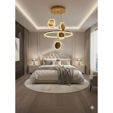 Bohem Aydınlatma Gold Çift Çember 4'lü Sarkıt 3 Renk LED Modern Salon Avizesi