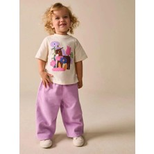 Magu Kız Çocuk Pamuklu Krem Baskılı T-Shirt ve Lila Pantolon Takım