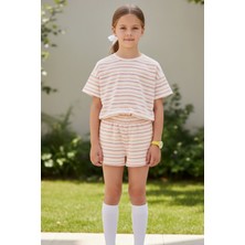 Lupinn Kız Çocuk Kısa Kollu Çizgili Şortlu Takım Yumuşak Dokulu Nefes Alan Kumaş Takım  - Kız Çocuk Takım