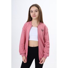 Toontoy Kız Çocuk Kolej Yaka Fermuarlı Cepli Düşük Omuz Baskılı Örme Hırka - 2 Iplik Şardonlu