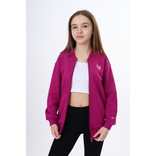 Toontoy Kız Çocuk Kolej Yaka Fermuarlı Cepli Düşük Omuz Baskılı Örme Hırka - 2 Iplik Şardonlu