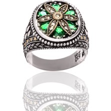 Yıldırım Yeşil Zirkon Taşlı Çiçek Desenli 925 Ayar Gümüş  Erkek Yüzük