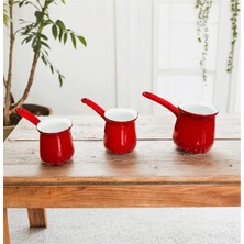 Feyza Design Ebru Emaye Üçlü Cezve Takımı, Şık ve Dayanıklı Kırmızı Renkli Set