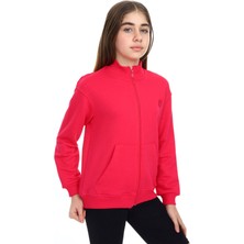 Toontoy Kız Çocuk Dik Yaka Fermuarlı Cepli Düşük Omuz Nakış Baskılı Örme Hırka - 2 Iplik Şardonlu