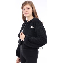 Toontoy Kız Çocuk Kolej Yaka Fermuarlı Düşük Omuz Baskılı Peluş Hırka - Beli Ayarlanabilir Lastikli