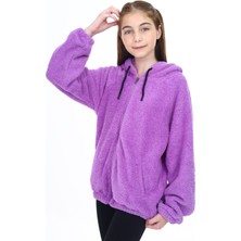 Toontoy Kız Çocuk Kapüşonlu Fermuarlı Cepli Reglan Kol Peluş Hırka