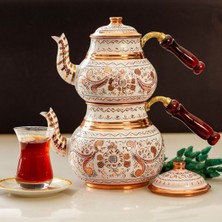 Feyza Design El Yapımı Bakır Çaydanlık ve Ahşap Kulplu Beyaz Çaydanlık Seti