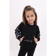Toontoy Kız Çocuk Relax Fit Bisiklet Yaka Cepli Baskılı Sweatshirt - Kolu Çizgili & 2 Iplik