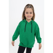 Toontoy Kız Çocuk Oversize Kapüşonlu Büzgülü Düşük Omuz Nakış Baskılı Yırtmaçlı Sweatshirt - 2 Iplik