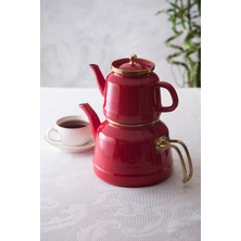 Feyza Design Kırmızı Maxi Indüksiyon Emaye Çaydanlık Takımı, Şık ve Dayanıklı Tasarım