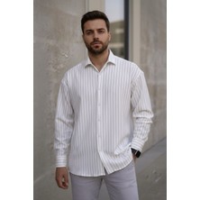 Zueofficial Erkek Çizgili Krep Kumaş Rahat Kalıp Uzun Kollu Gömlek