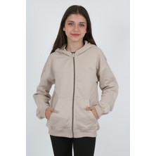 Toontoy Kız Çocuk Kapüşonlu Fermuarlı Cepli Düşük Omuz Nakış Baskılı Örme Hırka - 3 Iplik Şardonsuz