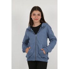 Toontoy Kız Çocuk Kapüşonlu Fermuarlı Cepli Düşük Omuz Nakış Baskılı Örme Hırka - 3 Iplik Şardonsuz