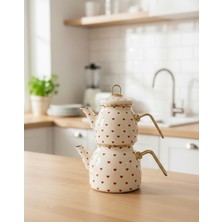 Feyza Design Beyaz Emaye Çaydanlık Takımı, Minik Kalp Detaylı, Indüksiyon Uyumlu, Büyük Boy