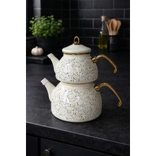 Feyza Design Emaye Çaydanlık Takımı, 2,3 L Suluk ve 1,1 L Demlik, Gold Detaylı