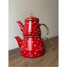 Feyza Design Kırmızı Kalpli Emaye Çaydanlık Seti, Retro Tarz, Şık ve Dayanıklı Tasarım