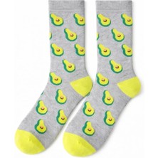 Solde Erkek Pamuklu Günlük Çorap – Avokado Desenli, Gri Zeminli, Yeşil/sarı Detaylı, Kaliteli