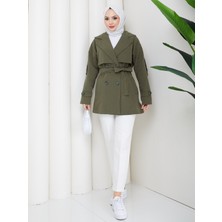 Zennyamoda Kadın Haki Keten Kolu Düğmeli Kuşak Detaylı Trençkot