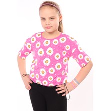 Toontoy Kız Çocuk Baskılı Bisiklet Yaka Kısa Kollu Tişört - Beli Ayarlanabilir