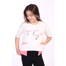 Toontoy Kız Çocuk Baskılı Bisiklet Yaka Kısa Kollu Asimetrik Tişört