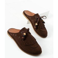 Dicle Polat Kadın Kahve Süet  Sabo Terlik Püsküllü Boncuk Detaylı Rahat Günlük Yazlık Loafer Terlik Juana