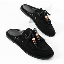 Dicle Polat Kadın Siyah Süet  Sabo Terlik Püsküllü Boncuk Detaylı Rahat Günlük Yazlık Loafer Terlik Juana