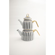 Feyza Design Şık Siyah-Beyaz Çizgili Emaye Çaydanlık Takımı, Altın Renkli Metal Kulplu