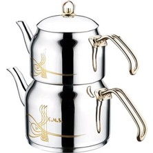 Feyza Design Şık Çelik Çaydanlık L Gold Tuğra Desenli, Dayanıklı ve Estetik Tasarım