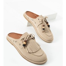 Dicle Polat Kadın Bej Süet  Sabo Terlik Püsküllü Boncuk Detaylı Rahat Günlük Yazlık Loafer Terlik Juana