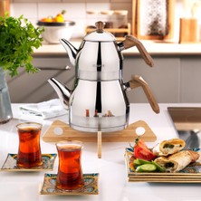 Feyza Design Luz Orta Boy Çelik Çaydanlık Takımı 3 Parça, Şık ve Dayanıklı Kahverengi
