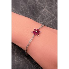 Sümer Telkari Yakut Taşlı Lotus Rodyumlu 925 Ayar Gümüş Ataç Bileklik 4936