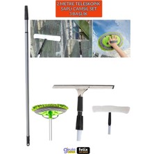 Funflex Teleskopik Saplı Cam Silme Aparatı Çok Başlıklı Set Mikrofiberli