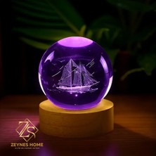 Zeynes Home Kristal Özel Tasarım Cam Küre LED Masa Lambası, Ahşap Altlıklı Renk Değiştiren USB Dekoratif Gece Lambası