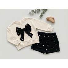 Dmb %100 Pamuk Bayramlık Kız Çocuk Takım Büyük Fiyonklu Inci Işlemeli Sweatshirt Şort Etek