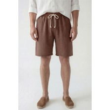 Veleno Erkek Kahverengi Hafif Günlük Keten Müslin Şort Double Paça Arka Cepli