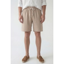 Veleno Erkek Bej Hafif Günlük Keten Müslin Şort Double Paça Arka Cepli