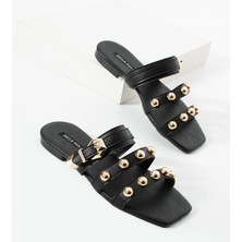 Dicle Polat Kadın Siyah Tokalı Zımbalı Terlik – Rahat Günlük Şık Yazlık Düz Taban Terlik Premia