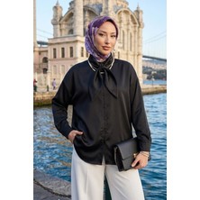 Miostil Kadın Siyah Saten Fular Yaka Gömlek Tesettür Oversize Şık Tunik Ofis Kombin Uygun Siyah