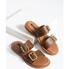 Dicle Polat Kadın Kahve Çift Tokalı Zımbalı Terlik Günlük Rahat Düz Taban Şık Terlik Volina