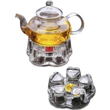Feyza Design Isitici Cam Demlik ile Bitki Çayı ve Mumluklu Çaydanlık Seti