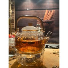 Feyza Design Bambu Saplı Cam Süzgeçli Borosilikat Demlik ve Isıtıcı Altlığı Takımı