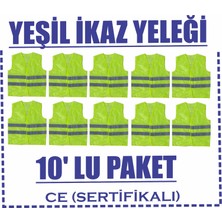 Yeşil Ikaz Yeleği 10LU Paket-Ce Li -Çift Sıra 5cm Reflektörlü-Standart Xl Beden