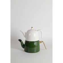 Feyza Design Şık Yeşil Porselen Üst ve Emaye Alt Çaydanlık Takımı